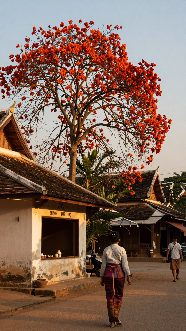 Golden Hour Street Scene in Luang Prabang Laos with Flame Tree and Local Life in in Luang Prabang, Laos