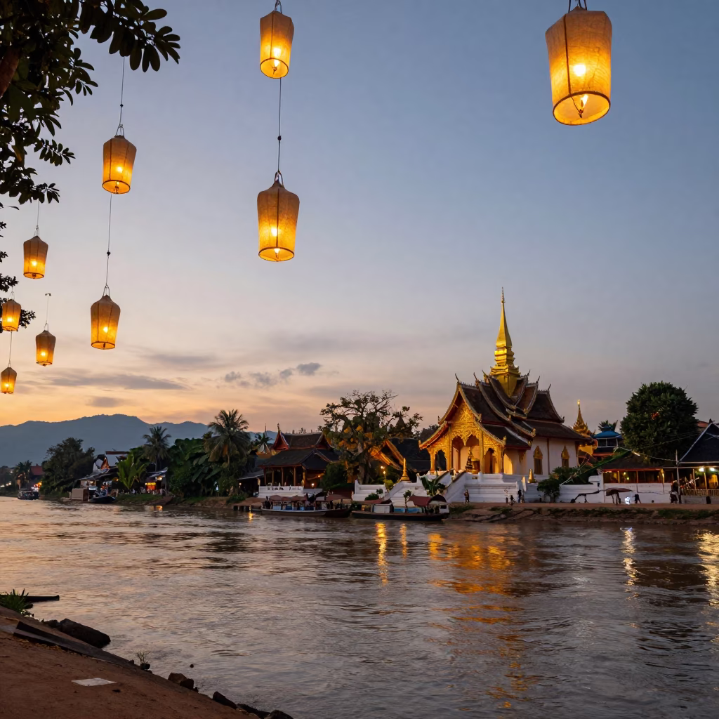 Golden Hour Street Scene in Luang Prabang Laos with Floating Paper Lanterns in in Luang Prabang, Laos