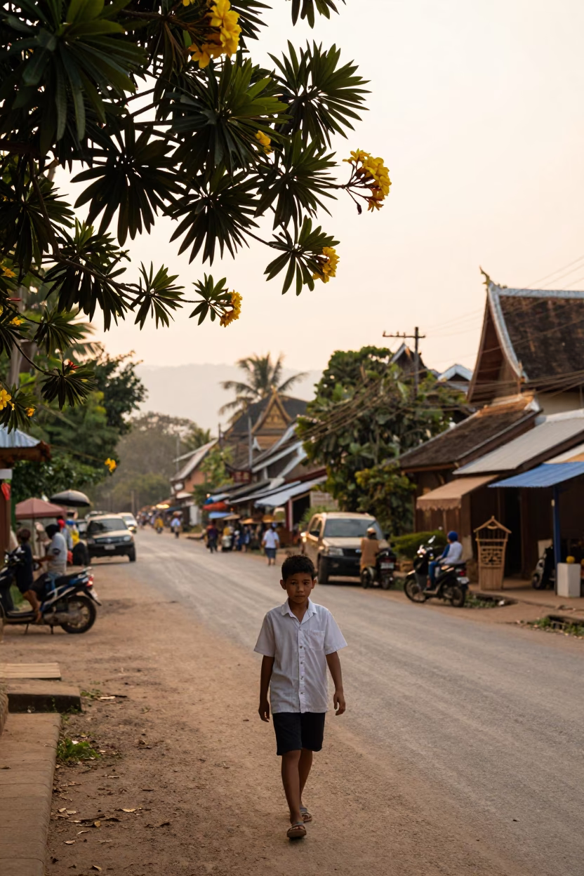 Golden Hour Street Scene in Luang Prabang Laos with Frangipani Branch and Local Life in in Luang Prabang, Laos