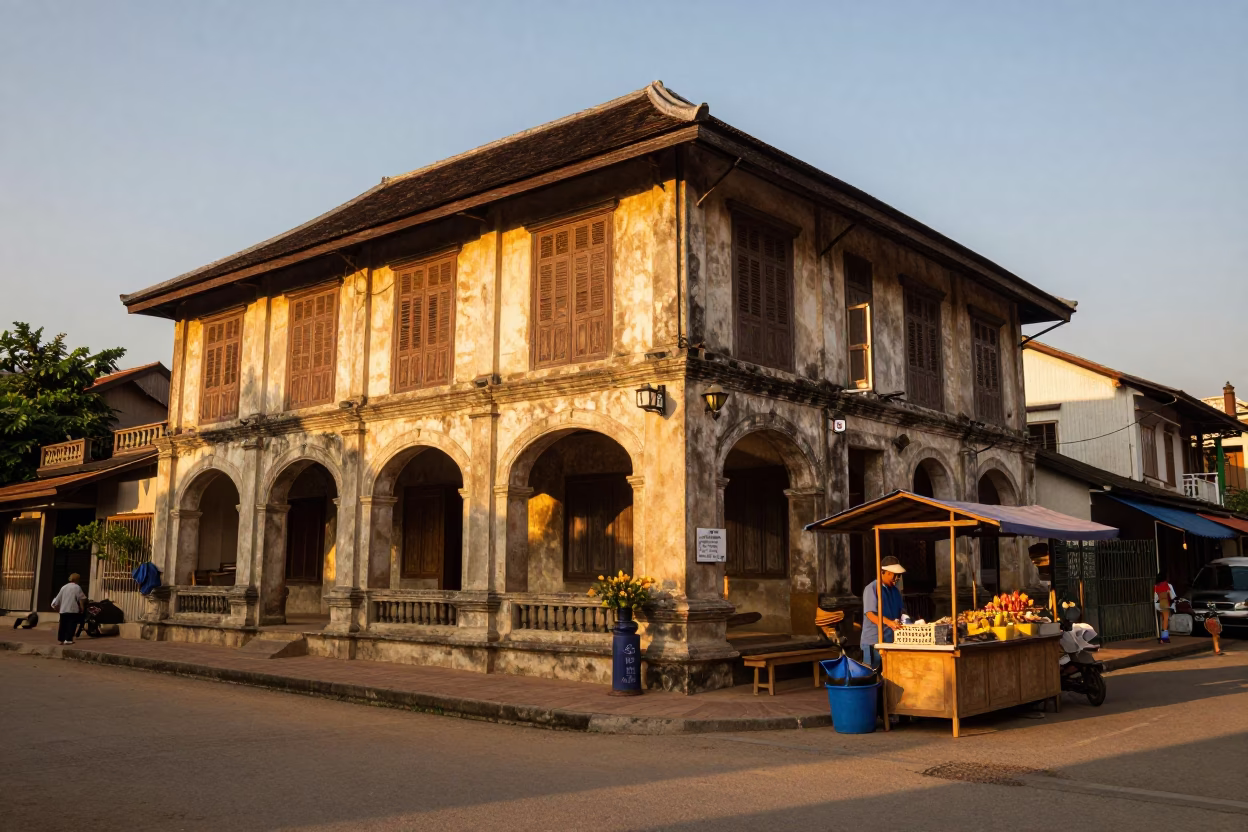 Golden Hour Street Scene in Luang Prabang Laos with Local Food and Figs in in Luang Prabang, Laos