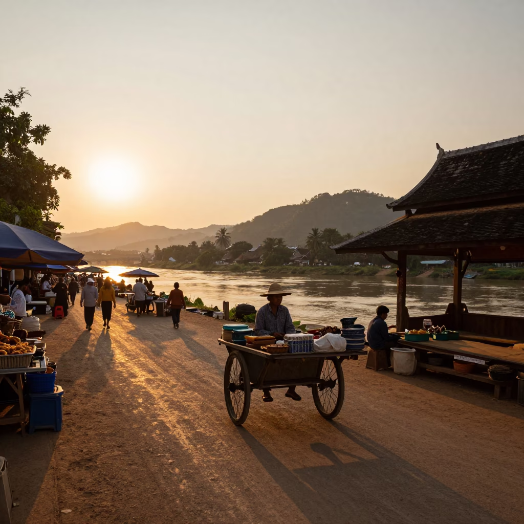 Golden Hour Street Scene in Luang Prabang Laos with Local Market Activity in in Luang Prabang, Laos