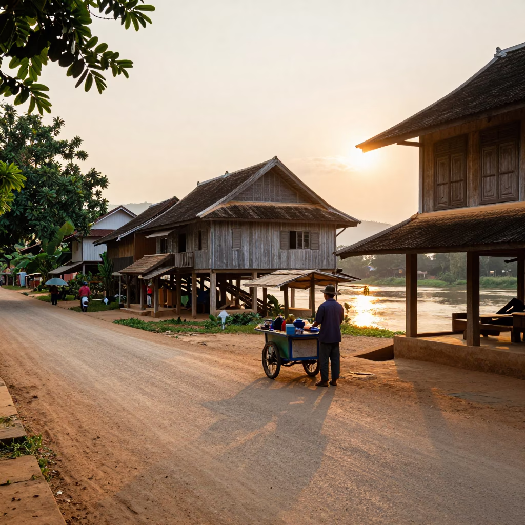 Golden Hour Street Scene in Luang Prabang Laos with Local Vendor and River View in in Luang Prabang, Laos