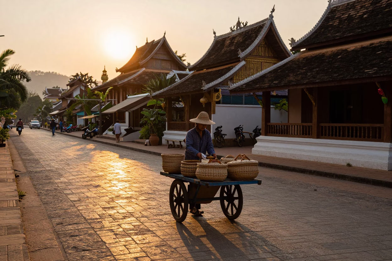 Golden Hour Street Scene in Luang Prabang Laos with Local Vendor and Sunset Light in in Luang Prabang, Laos