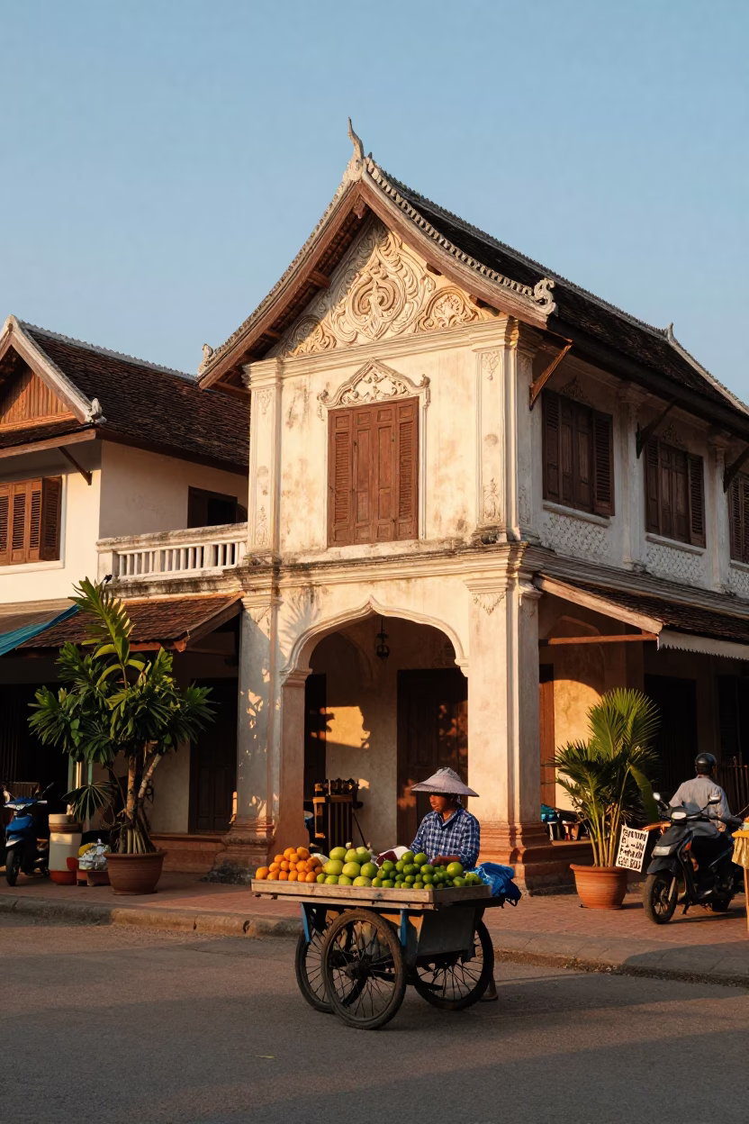 Golden Hour Street Scene in Luang Prabang Laos with Local Vendor and Traditional Architecture in in Luang Prabang, Laos