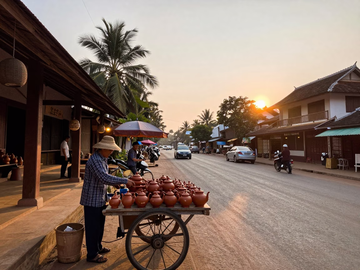 Golden Hour Street Scene in Luang Prabang Laos with Local Vendor and Traditional Teapots in in Luang Prabang, Laos