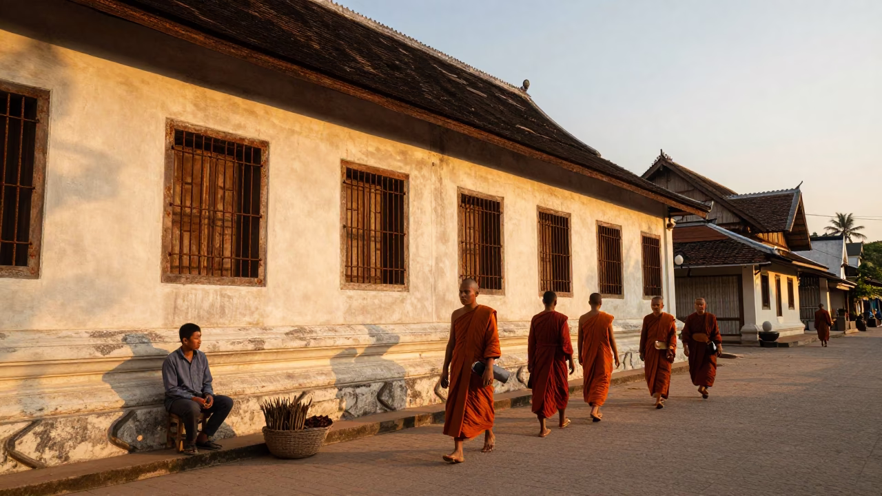 Golden Hour Street Scene in Luang Prabang Laos with Monks and Local Life in in Luang Prabang, Laos