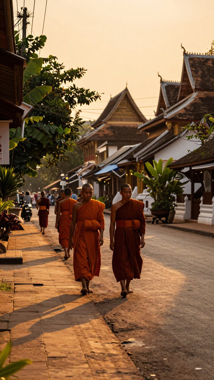 Golden Hour Street Scene in Luang Prabang Laos with Monks and Local Market Activity in in Luang Prabang, Laos