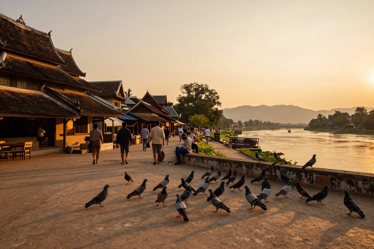 Golden Hour Street Scene in Luang Prabang Laos with Pigeons and Local Life in in Luang Prabang, Laos