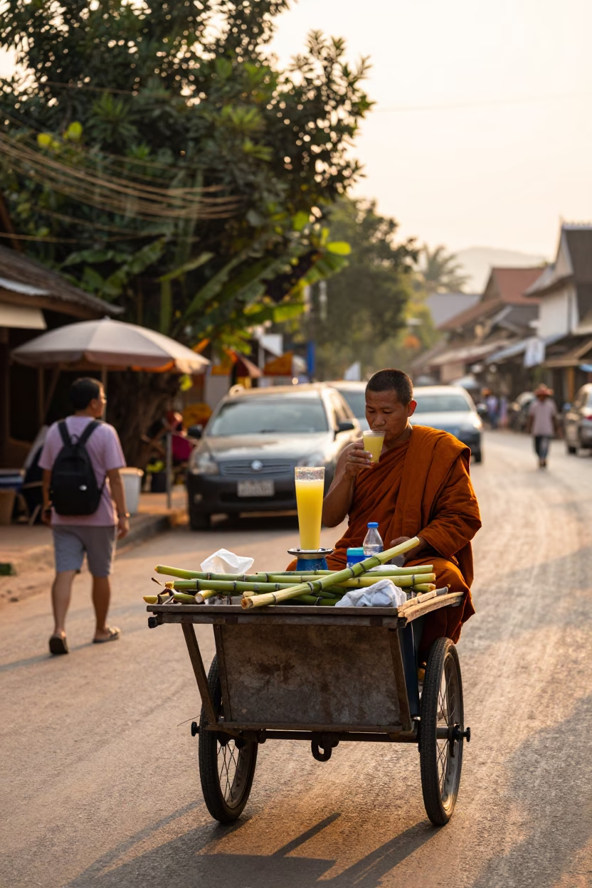 Golden Hour Street Scene in Luang Prabang Laos with Sugarcane Juice Vendor and Monk in in Luang Prabang, Laos