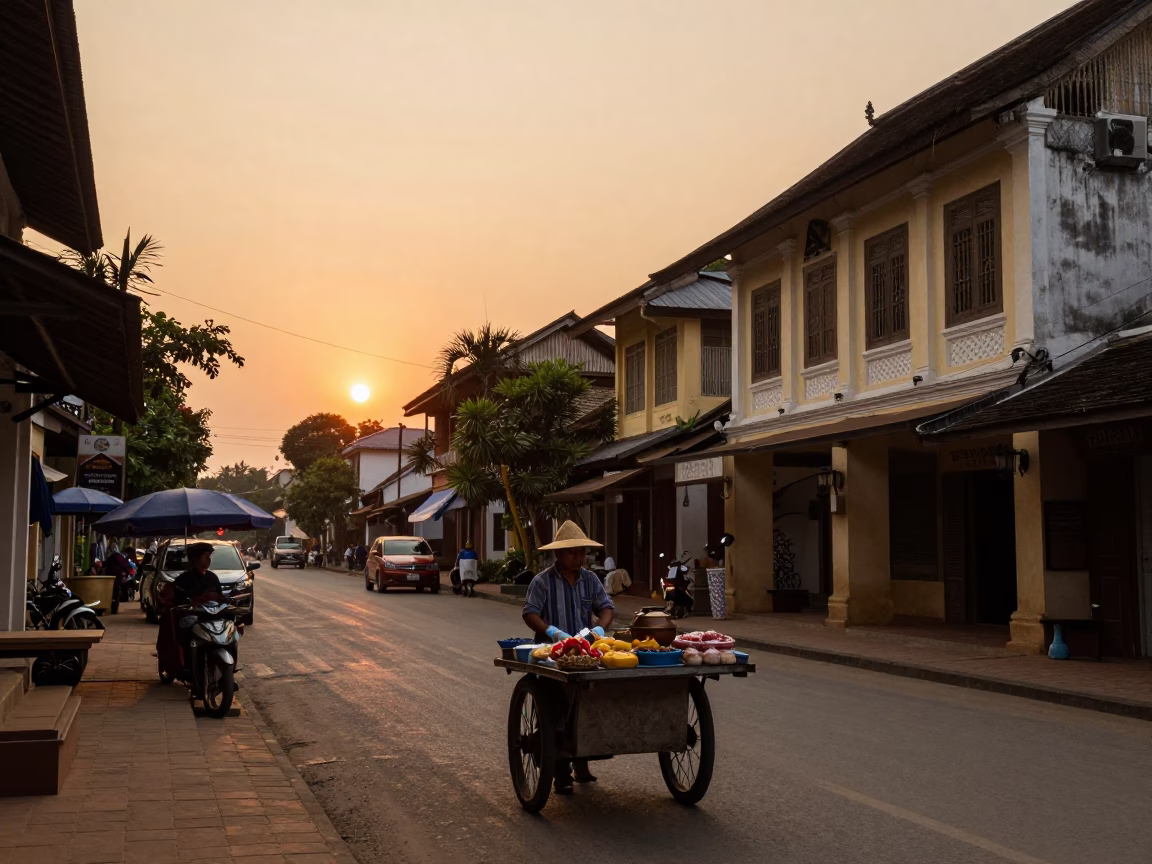 Golden Hour Street Scene in Luang Prabang Laos with Traditional Food and Market Activity in in Luang Prabang, Laos