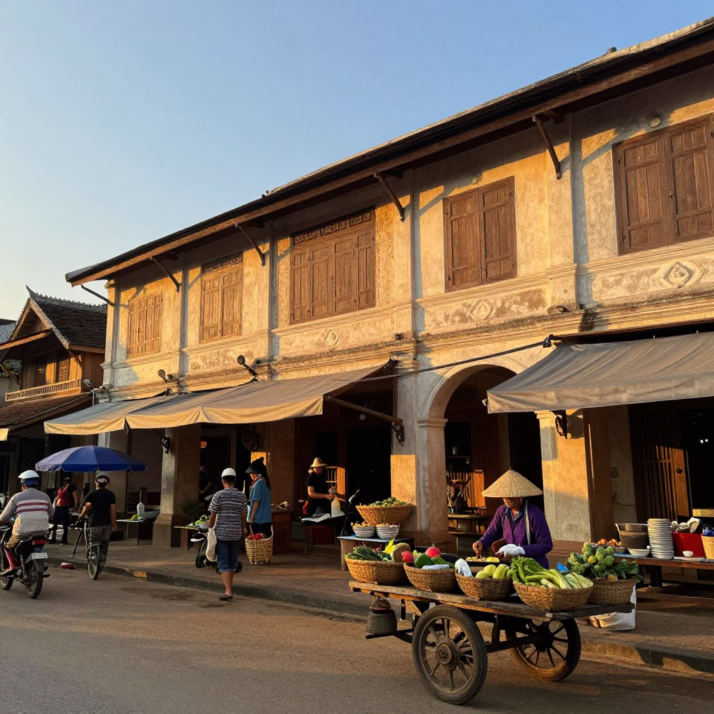 Golden Hour Street Scene in Luang Prabang Laos with Traditional Market Activity in in Luang Prabang, Laos