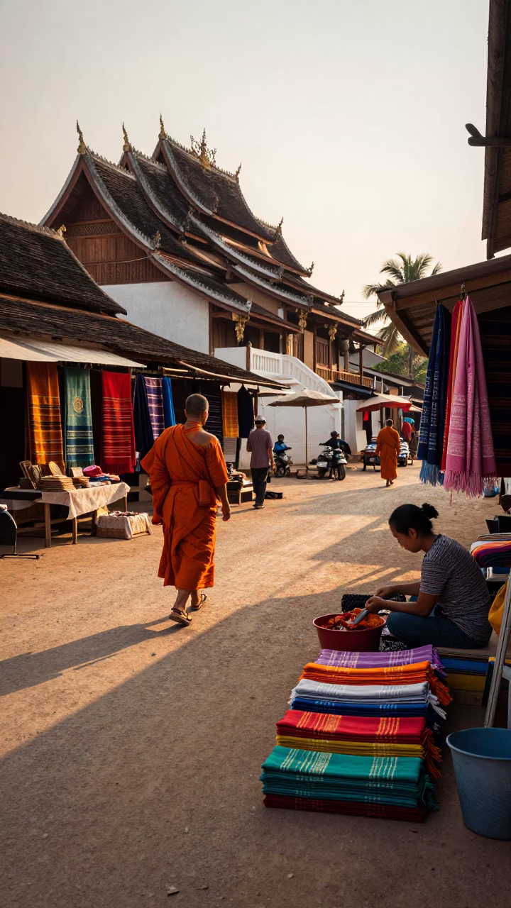 Golden Hour Street Scene in Luang Prabang Laos with Traditional Textile and Local Commerce in in Luang Prabang, Laos