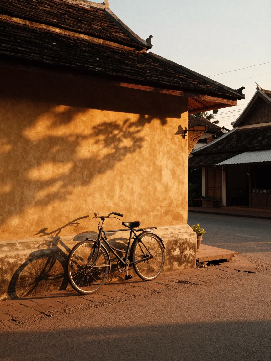 Golden Hour Street Scene in Luang Prabang Laos with Vintage Bicycle and Local Bakery in in Luang Prabang, Laos