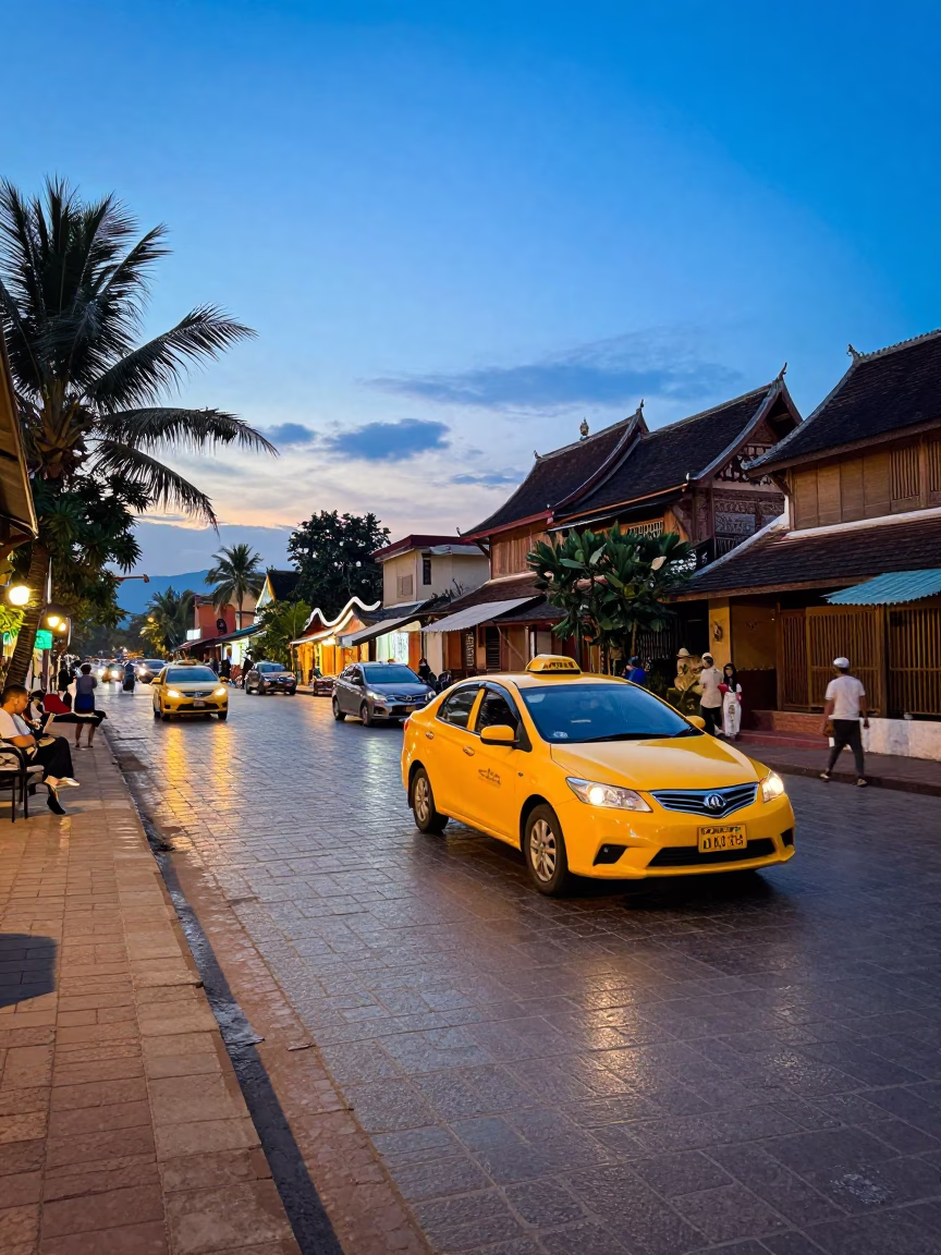 Golden Hour Street Scene in Luang Prabang Laos with Yellow Taxi and Doorframe in in Luang Prabang, Laos