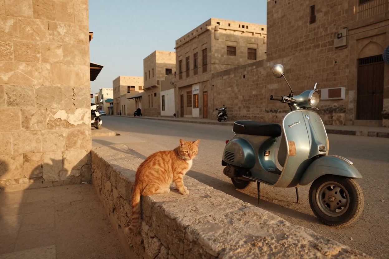 Golden Hour Street Scene in Luxor Egypt with Ginger Cat and Vintage Vespa Reflection in in Luxor, Egypt