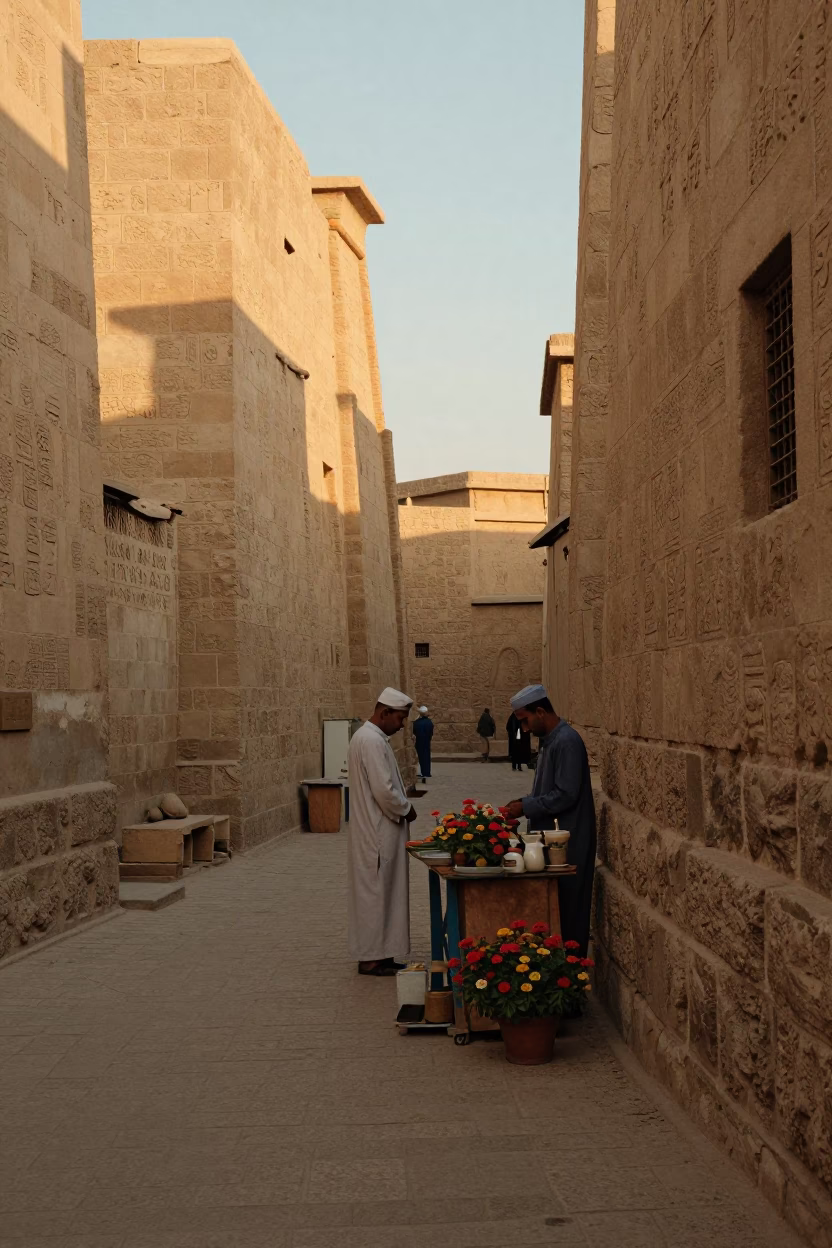Golden Hour Street Scene in Luxor Egypt with Local Vendor and Zinnias in in Luxor, Egypt