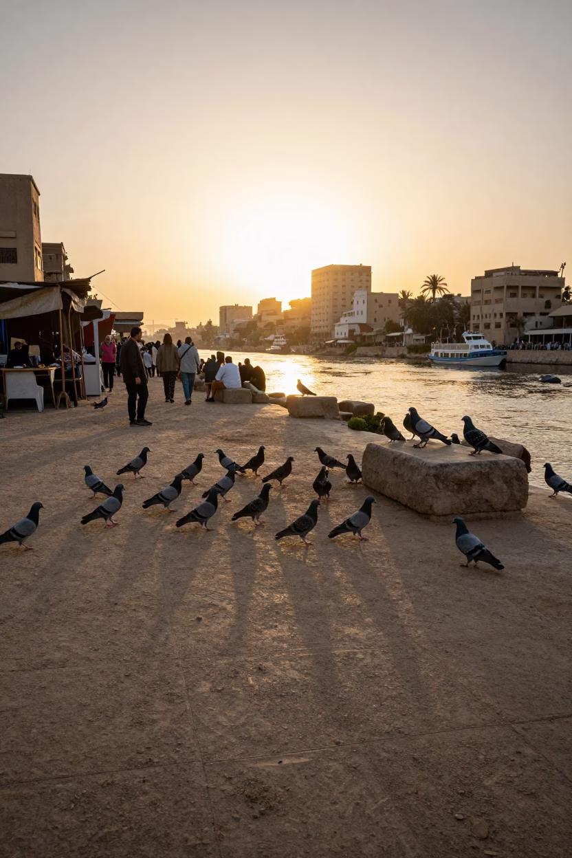 Golden Hour Street Scene in Luxor Egypt with Pigeons and Papyrus Riverbank in in Luxor, Egypt