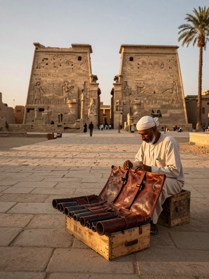 Golden Hour Street Scene in Luxor Egypt with Tool Rolls and Bellows in in Luxor, Egypt