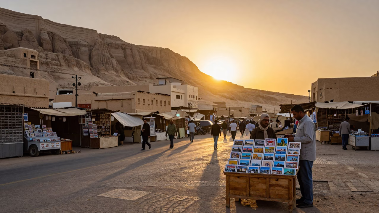 Golden Hour Street Scene in Luxor Egypt with Traditional Market Elements and Sunset Light in in Luxor, Egypt
