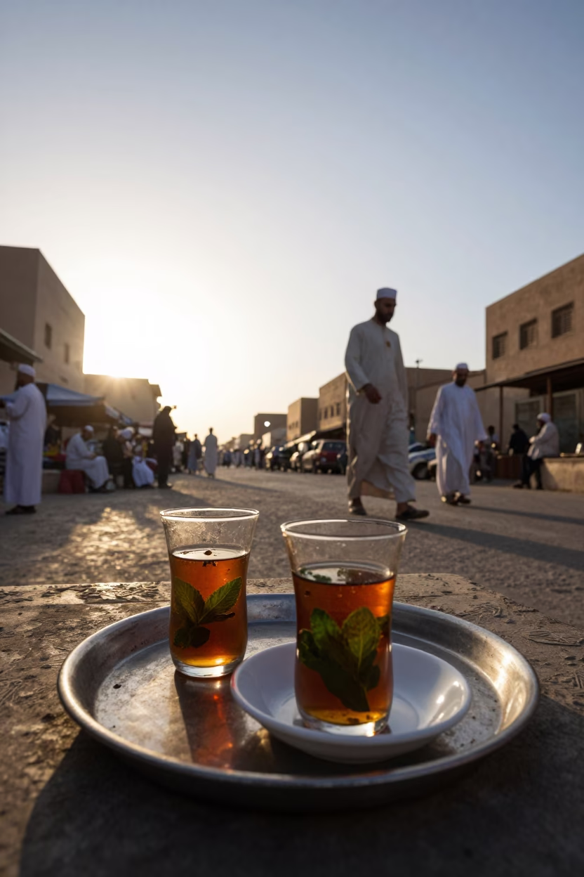 Golden Hour Street Scene in Luxor Egypt with Traditional Tea and Local Activity in in Luxor, Egypt