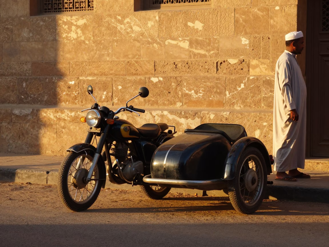 Golden Hour Street Scene in Luxor Egypt with Vintage Motorcycle and Sidecar in in Luxor, Egypt