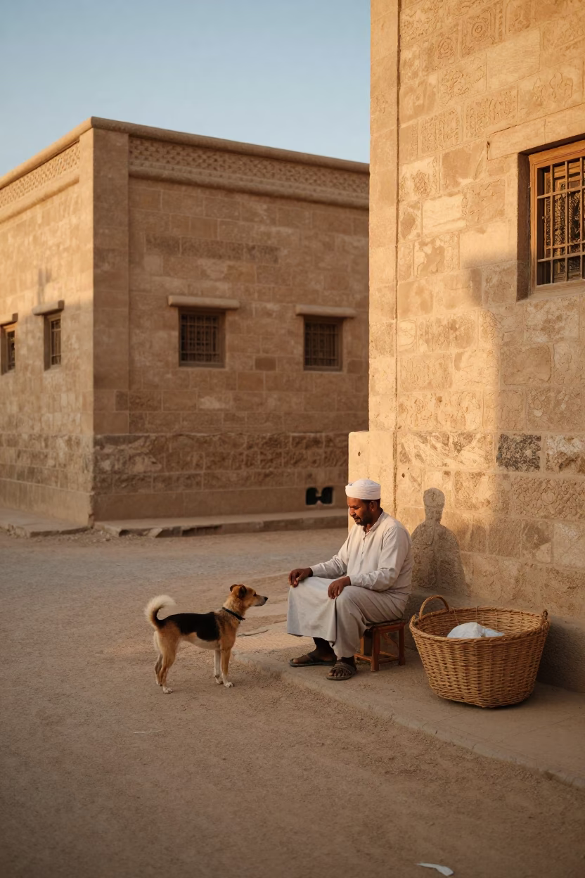 Golden Hour Street Scene in Luxor Egypt with Wicker Basket and Cesky Terrier in in Luxor, Egypt
