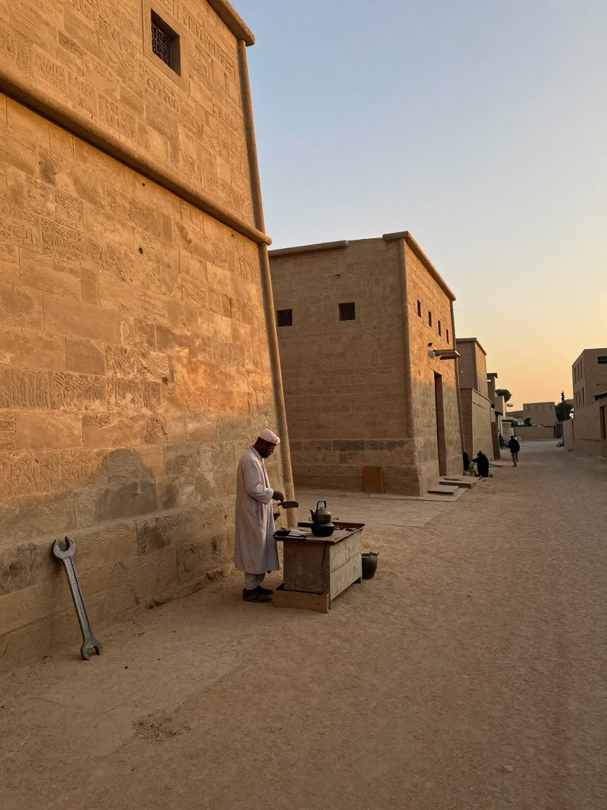 Golden Hour Street Scene in Luxor Egypt with Wrench and Kettle in in Luxor, Egypt