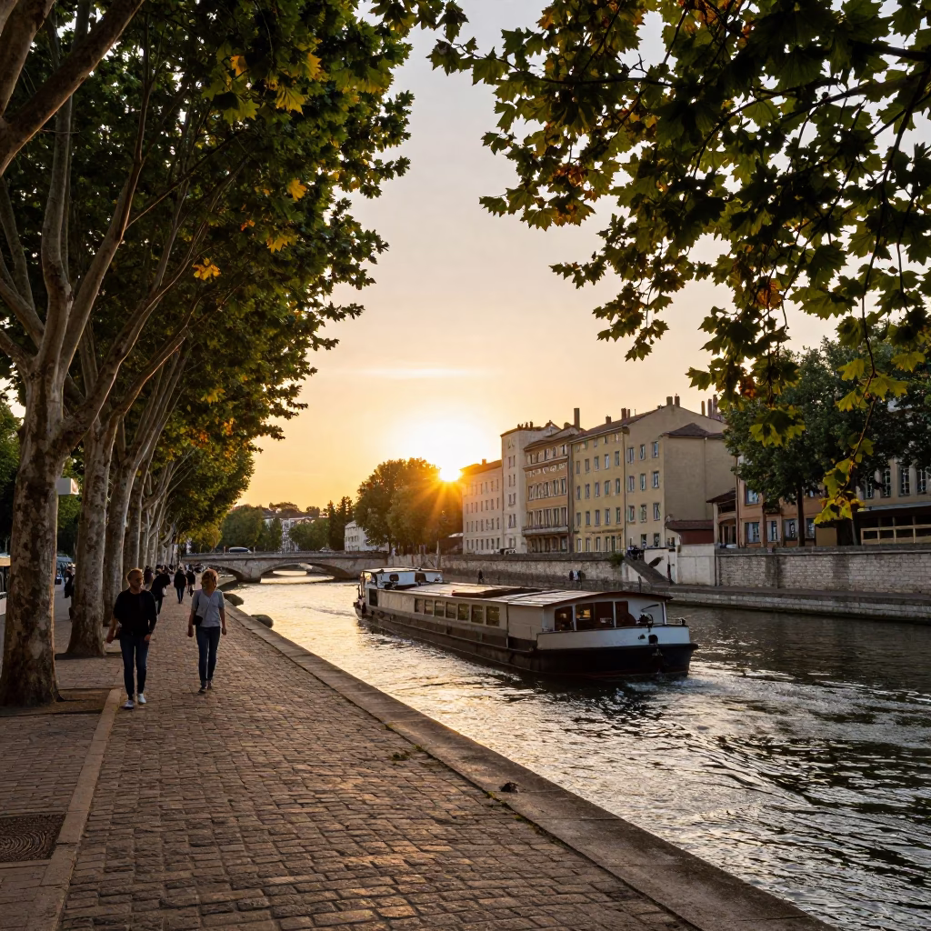 Golden Hour Street Scene in Lyon France with Barge on Saone River in in Lyon, France