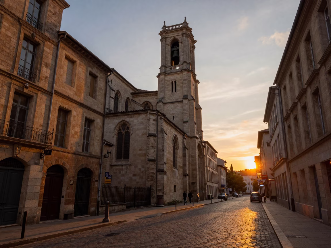 Golden Hour Street Scene in Lyon France with Bell Tower and Cobblestones in in Lyon, France