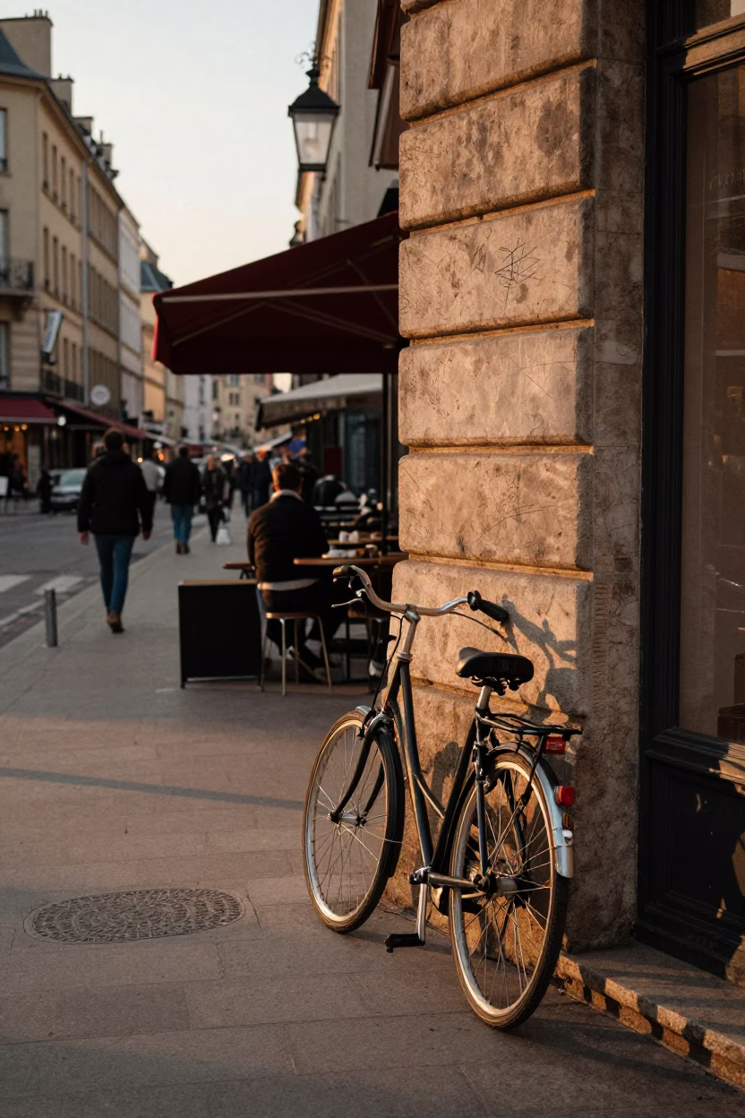 Golden Hour Street Scene in Lyon France with Bicycle and Shop Details in in Lyon, France