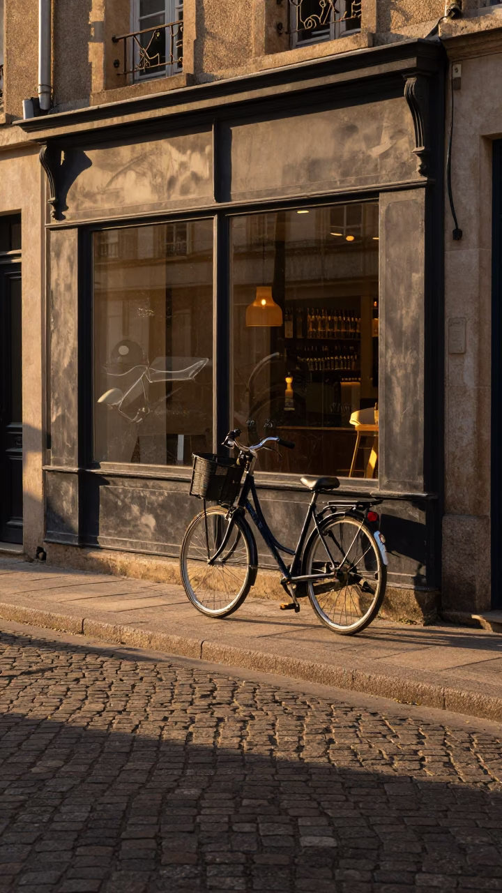 Golden Hour Street Scene in Lyon France with Bicycle and Shop Window Reflections in in Lyon, France