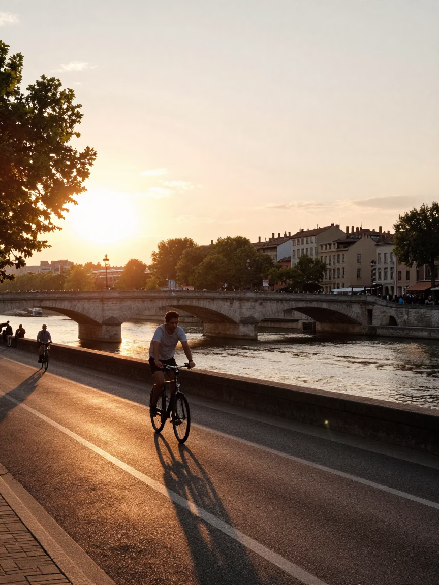 Golden Hour Street Scene in Lyon France with Bridge and Market in in Lyon, France