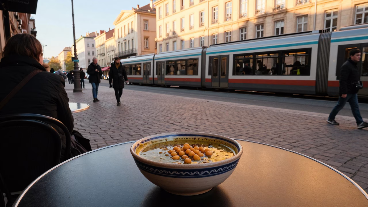 Golden Hour Street Scene in Lyon France with Ceramic Bowl and Commuter Train in in Lyon, France