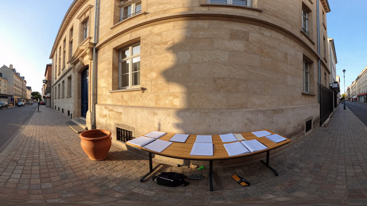 Golden Hour Street Scene in Lyon France with Clay Pot and University Seminar Table in in Lyon, France
