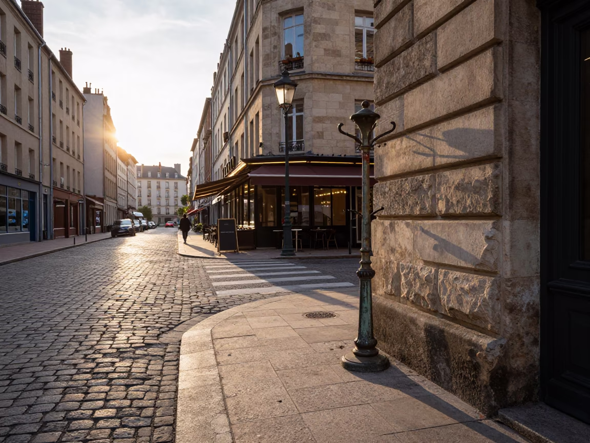 Golden Hour Street Scene in Lyon France with Coat Stand and Lamp Base Detail in in Lyon, France