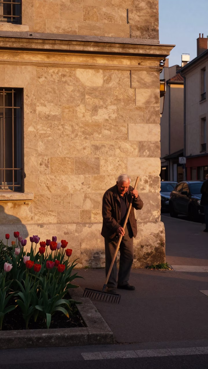 Golden Hour Street Scene in Lyon France with Garden Rake and Tulips in in Lyon, France