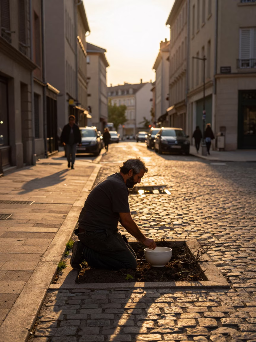Golden Hour Street Scene in Lyon France with Gardener and Ceramic Bowl in in Lyon, France