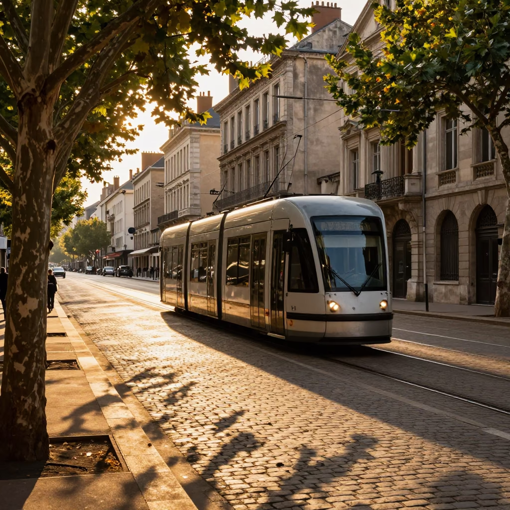 Golden Hour Street Scene in Lyon France with Heritage Tram and Leaf Shadows in in Lyon, France