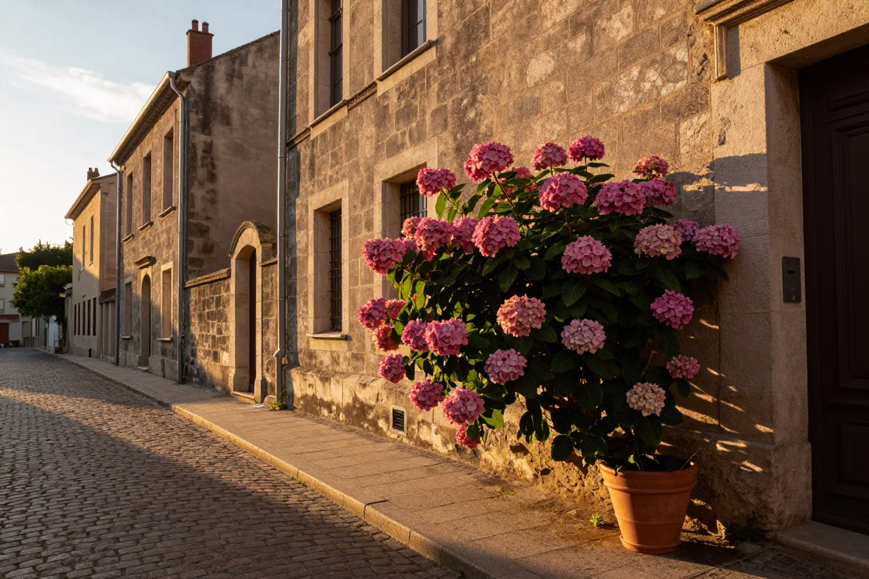Golden Hour Street Scene in Lyon France with Hydrangea Bush and Flowerpot in in Lyon, France
