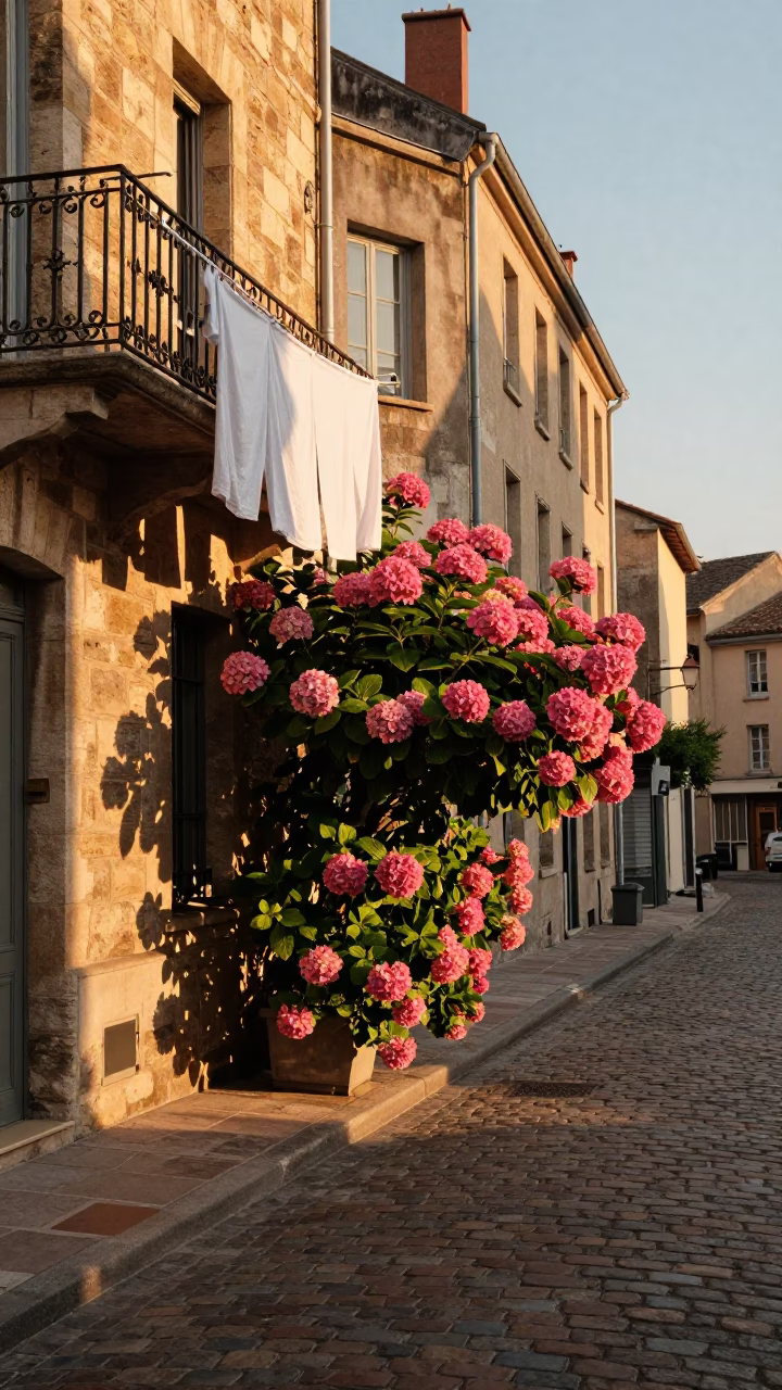 Golden Hour Street Scene in Lyon France with Hydrangeas and Laundry in in Lyon, France