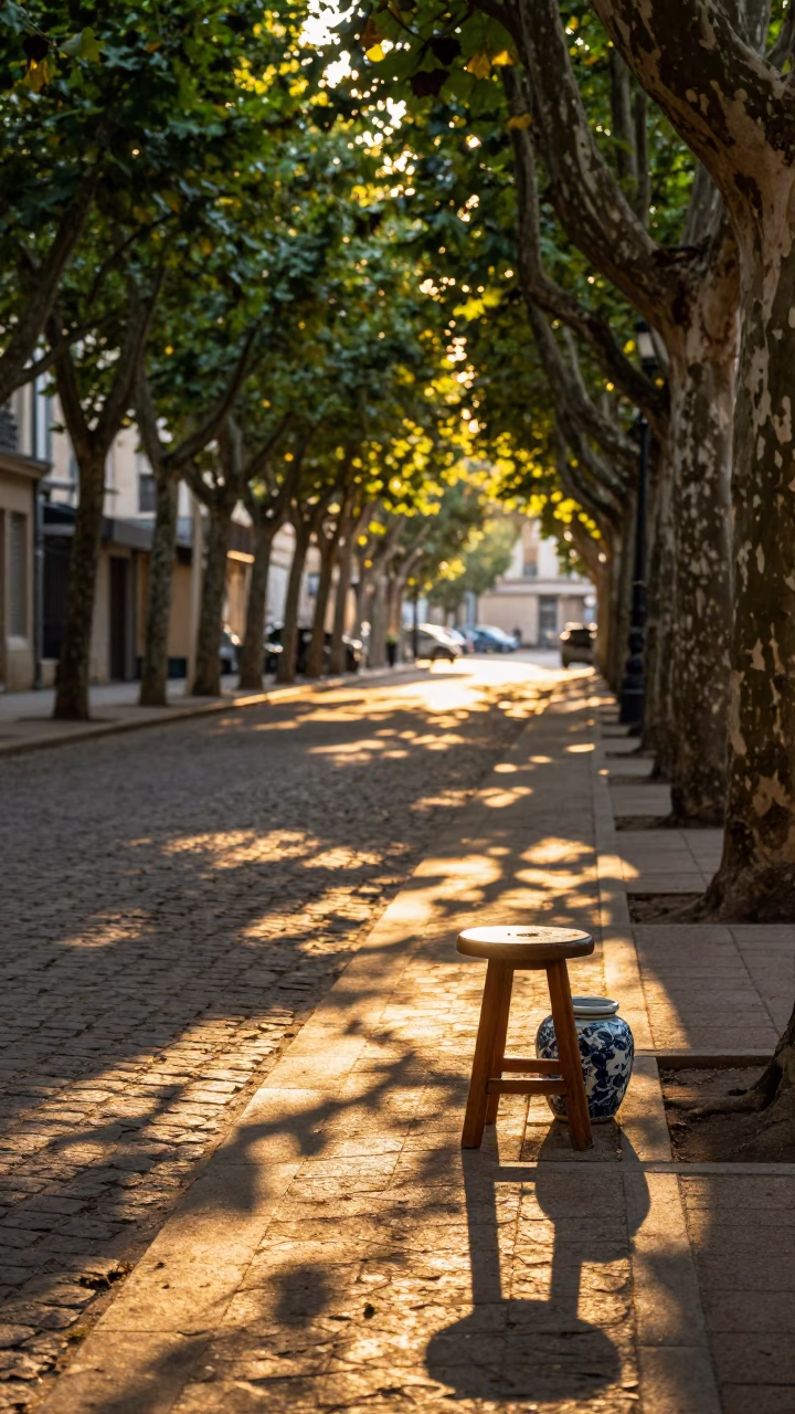 Golden Hour Street Scene in Lyon France with Leaf Shadows and Porcelain Jar in in Lyon, France