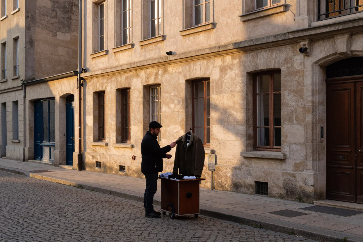 Golden Hour Street Scene in Lyon France with Local Vendor and Vintage Details in in Lyon, France
