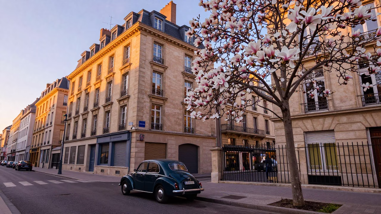 Golden Hour Street Scene in Lyon France with Magnolia Tree and Vintage Sedan in in Lyon, France