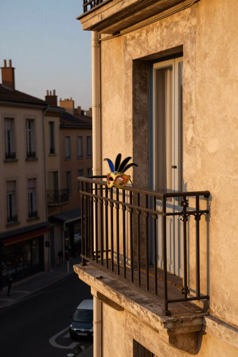 Golden Hour Street Scene in Lyon France with Mardi Gras Mask on Balcony in in Lyon, France