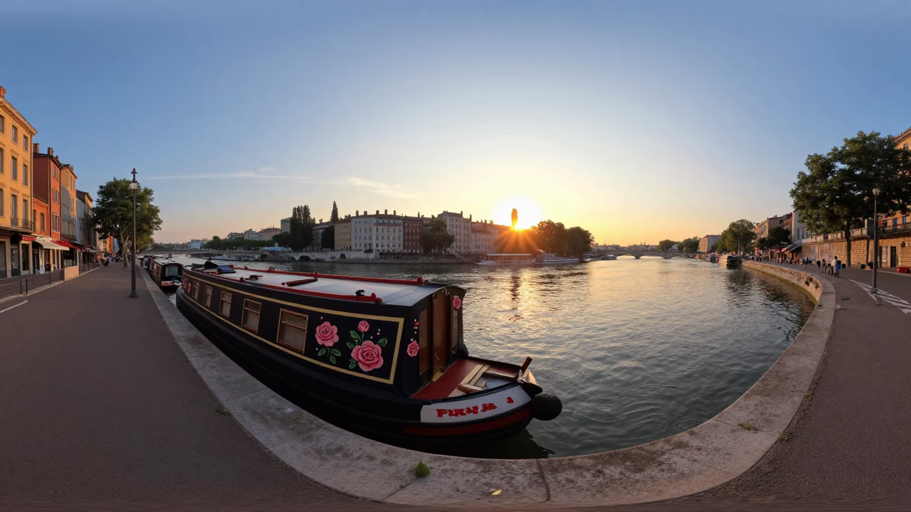 Golden Hour Street Scene in Lyon France with Narrowboat and Roses in in Lyon, France