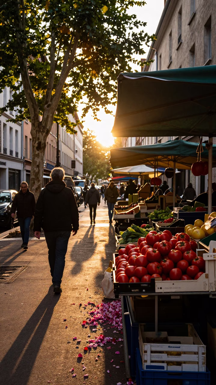 Golden Hour Street Scene in Lyon France with Petals and Market Produce in in Lyon, France