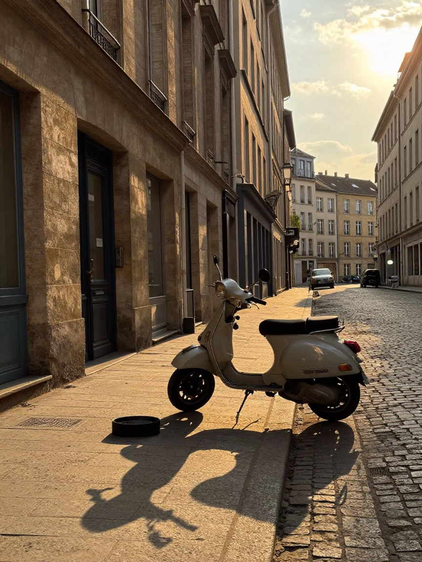 Golden Hour Street Scene in Lyon France with Scooter and Ashtray in in Lyon, France