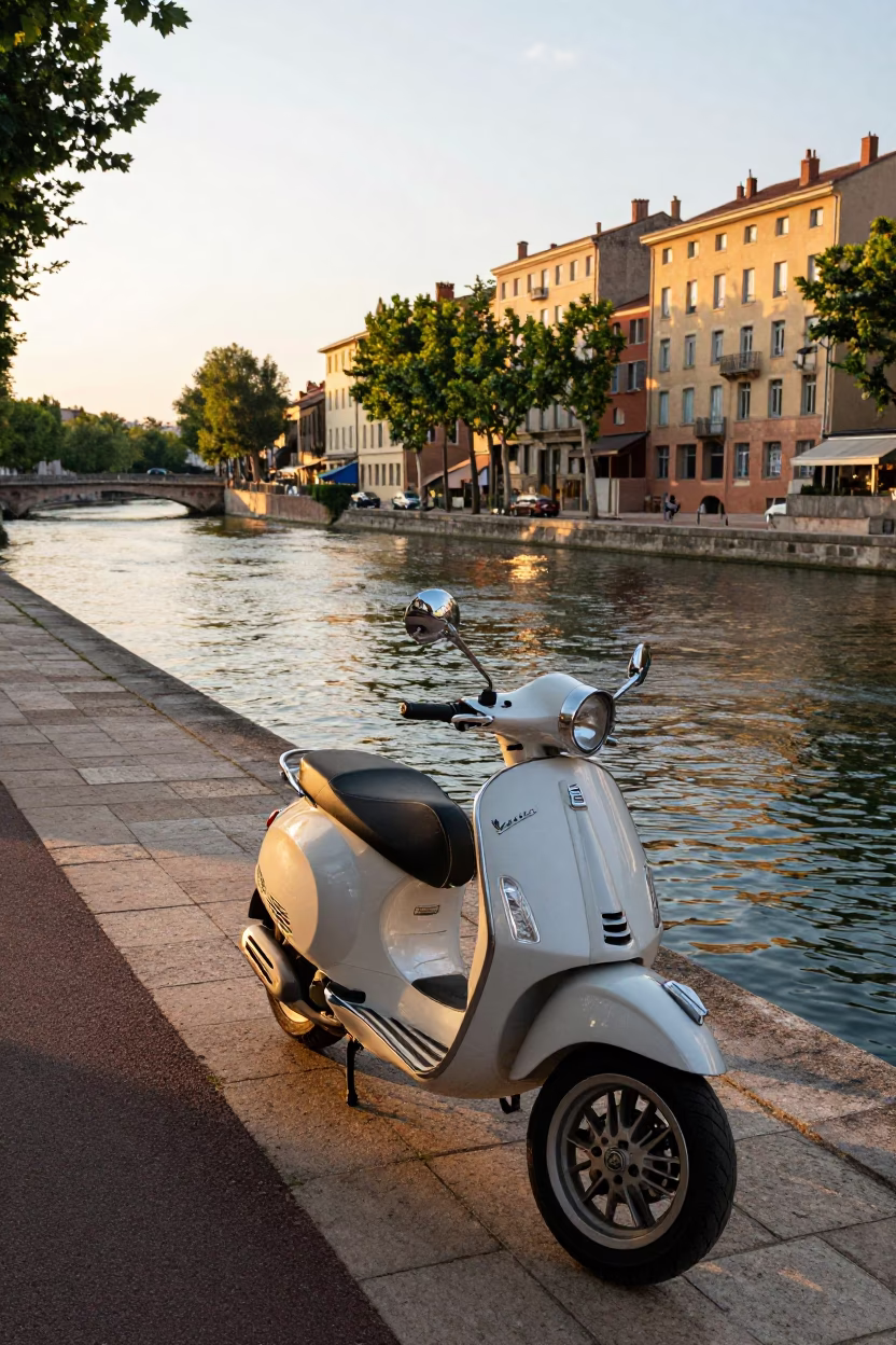Golden Hour Street Scene in Lyon France with Scooter and Canal in in Lyon, France