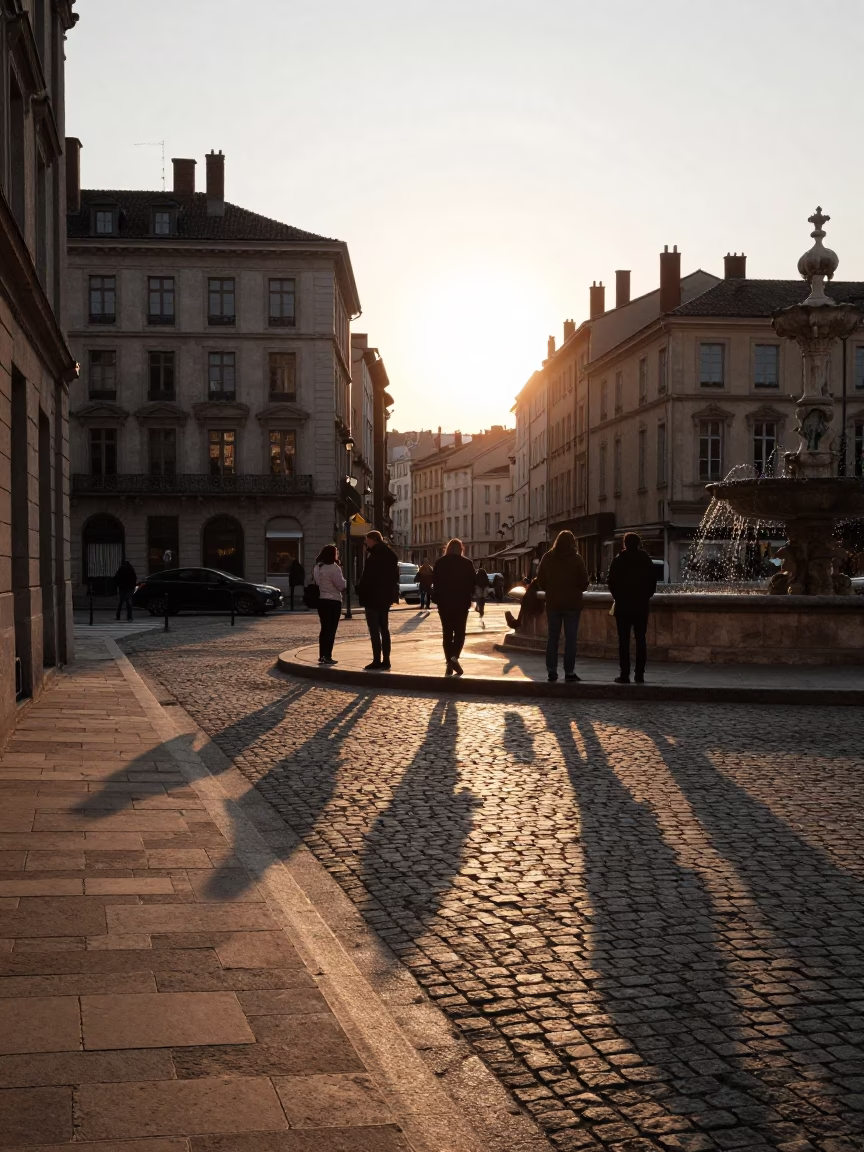 Golden Hour Street Scene in Lyon France with Tourists and Historic Architecture in in Lyon, France