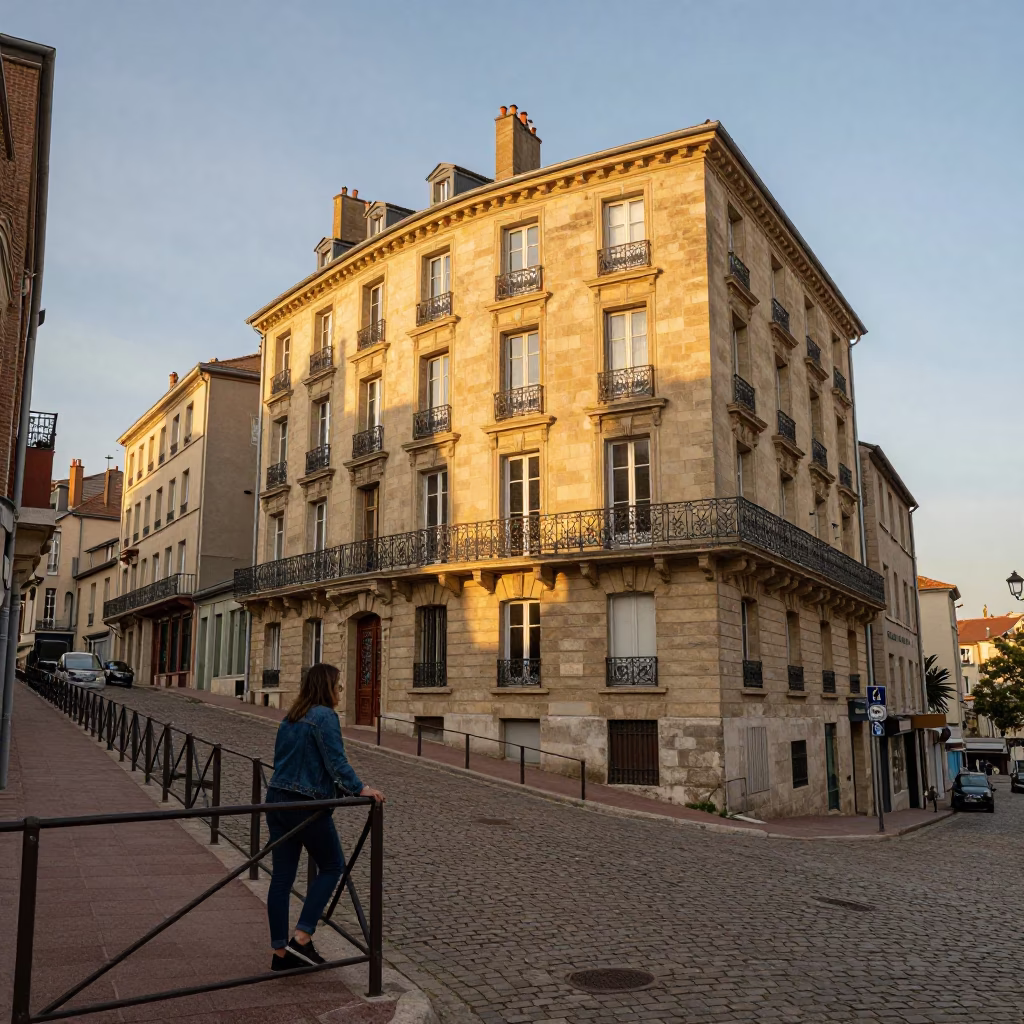Golden Hour Street Scene in Lyon France with Traditional Architecture and Local Life in in Lyon, France